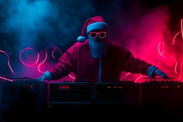 Fototapeta premium DJ Santa in colorful lights, vibrant background