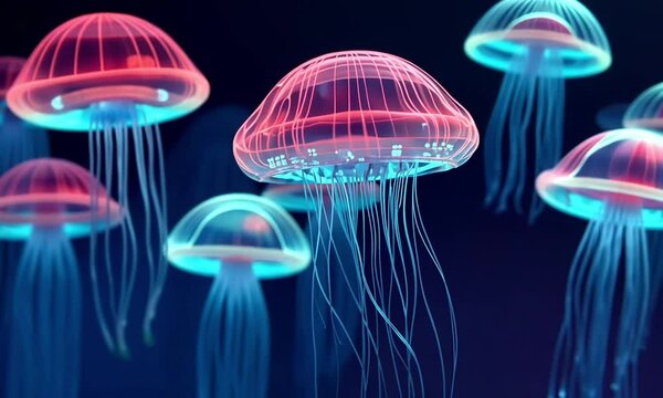 Captivating bioluminescent jellyfish floating in an ethereal dreamlike underwater scene showcasing the natural beauty and wonder of marine life  The vibrant glowing tentacles create a mesmerizing 