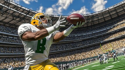Football player catching a pass, game action