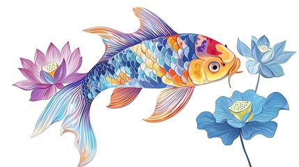 Naklejka premium Colorful Koi Fish and Lotus Flowers
