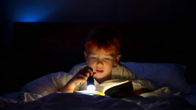 A boy reads a book in bed with a flashlight. The child is concentrating on the book.