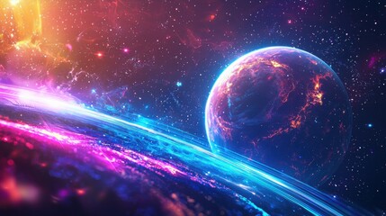 Obraz premium This stunning cosmic scene showcases a colorful planet surrounded by glowing rings and bright stars in an expansive galaxy. It's a mesmerizing view of outer space.