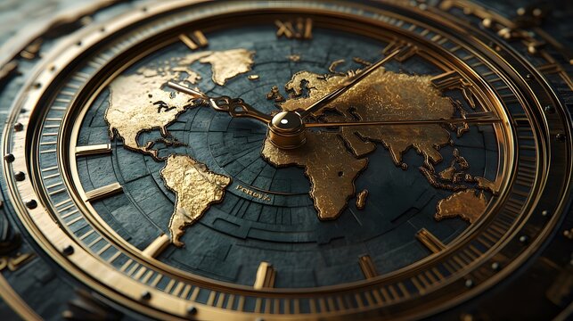 World Time Clock Face with Gold and Black Design - Time, Global, Clock, Luxury, World Map