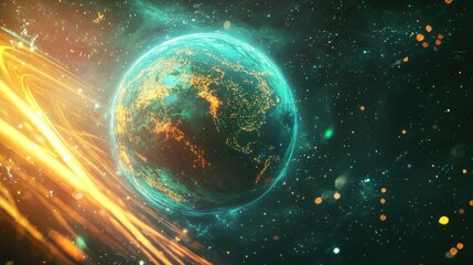 Obraz premium A stunning cosmic scene featuring a glowing Earth surrounded by vibrant colors and swirling lights, evoking a sense of wonder and exploration.