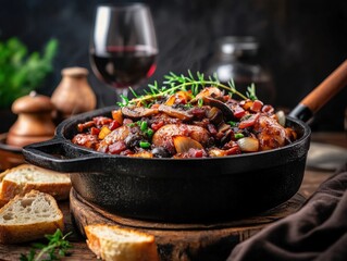 A rustic chicken stew filled with mushrooms, tomatoes, and herbs simmered to perfection, served in a pan with a glass of red wine for the ultimate dining experience.