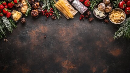 Assorted European Cuisine with Garnishes on Dark Surface