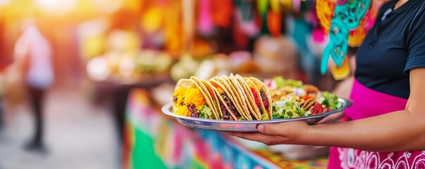 Street vendor with taco stand, vibrant decorations, Mexican heritage, colorful atmosphere, street food festival, cultural expression