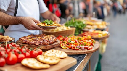 Obraz premium Street vendor with tapas stand, festive Spanish market, vibrant flavors, local crowd, Spanish street culture, small bites