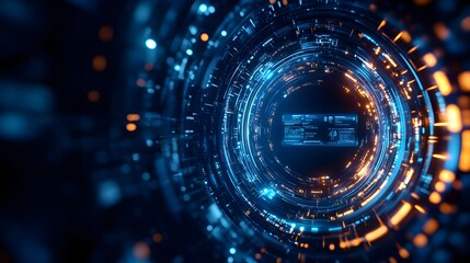Fototapeta premium A circular spaceship with rotating mechanical rings, illuminated by soft blue lights, orbiting a distant planet with holographic interfaces visible from the windows