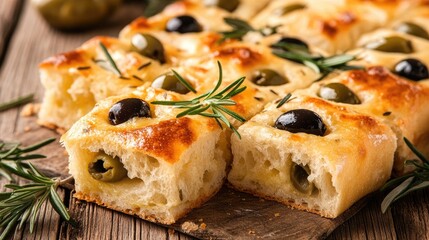 Fresh Olive Focaccia Bread on Wooden Table