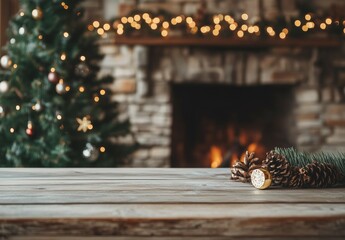 Holiday theme template. Table with christmas tree and fireplace with copy space