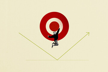 Creative collage young woman jumper achieve goal aim target direction growth accomplish dream...