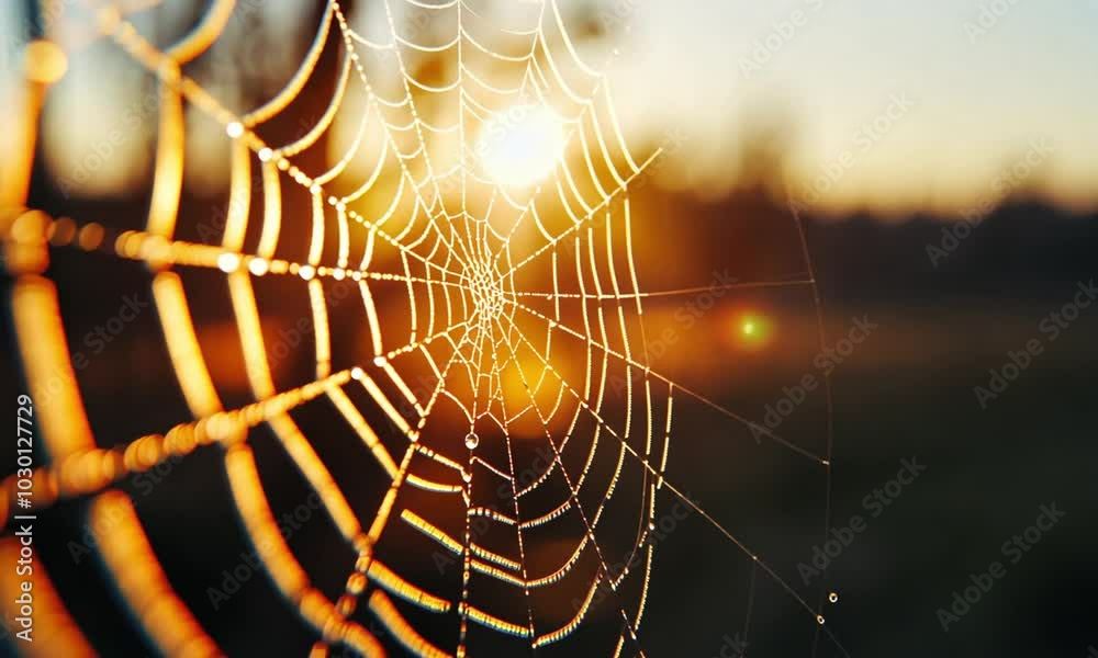 Wall mural delicate and intricate spider web sparkling with dew drops capturing the warm glow of morning sunlig