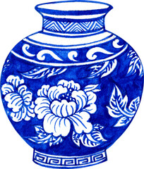 a cerulean vase with a peony pattern inside, chinese style, hand-drawn watercolor illustration