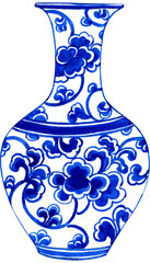 a tall, wide-mouthed white vase with a pattern of blue floral vines inside, chinese style, hand-drawn watercolor illustration