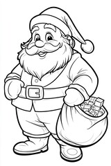 Immagine vettoriale di Babbo Natale carino e paffuto con un grande sorriso e un sacco di giocattoli, in bianco e nero. Ideale da colorare per i bambini
