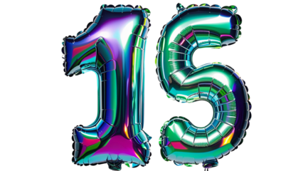 Number fifteen 15 made of holographic balloon On the White background....