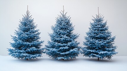 Fototapeta premium Christmas trees, blue ornaments, white background. Generative AI