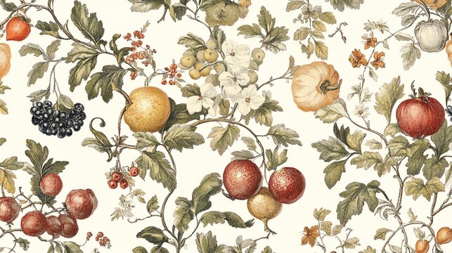 Fototapeta Floral vintage pattern with fruits.
