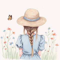Beautiful Girl and Flowers, Watercolor Back View Illustration