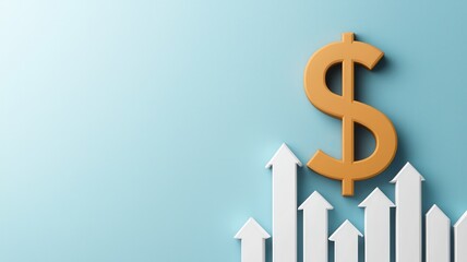 3D Illustration of Dollar Sign Surrounded by Upward Arrows and Blank Text Labels for Financial Growth Concepts