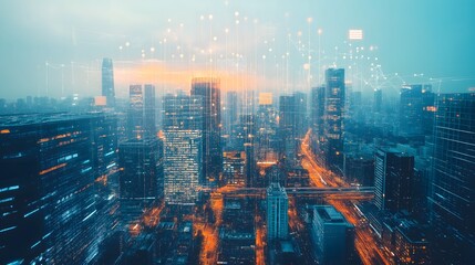 Fototapeta premium Mixed Media of Modern City Aerial View and Financial District