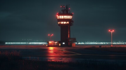 Night View of a Control Tower with Glowing Runway Lights