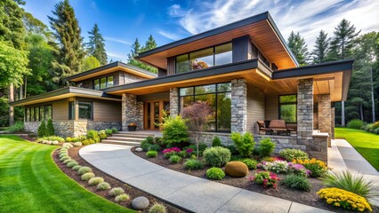 Modern Architecture Blends with Nature in a Serene Landscape Featuring Stone Facade, Lush Greenery, and a Winding Pathway