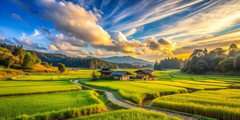 Fototapeta premium Serene Sunset Over a Verdant Valley with Rustic Houses and a Winding Path Through Lush Rice Paddies