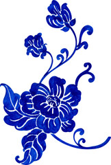 blue peony vine with one large bloom and two buds, hand-drawn watercolor illustration © 3dcr3at3