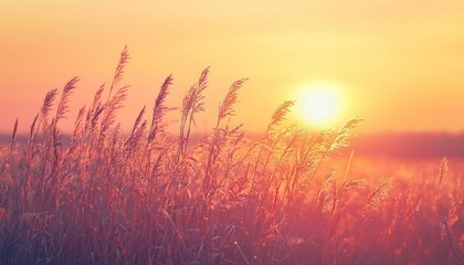 A scenic field tall grass under a sunset sky.