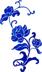 blue floral vine with blooming flower and bud, hand-drawn watercolor illustration