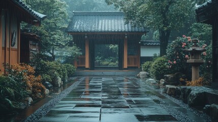 Fototapeta premium Tranquil Japanese Garden in Rain