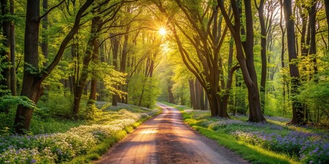 Obraz premium A winding path through a vibrant forest, sunlight dappling through the canopy, casting a golden glow on the wildflowers blooming along the way.