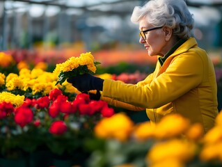 Senior woman tending to colorful flower garden.