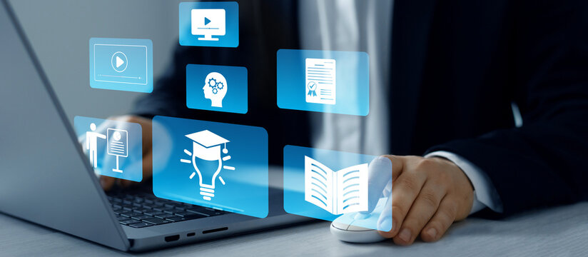 Digital internet lessons and online webinar on virtual screen.E-learning education.Education internet Technology.Business person who attends online lessons on a digital technology screen.	