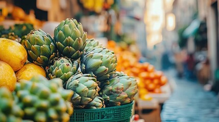 Freshly Gathered Artichokes in Vibrant Market Scene