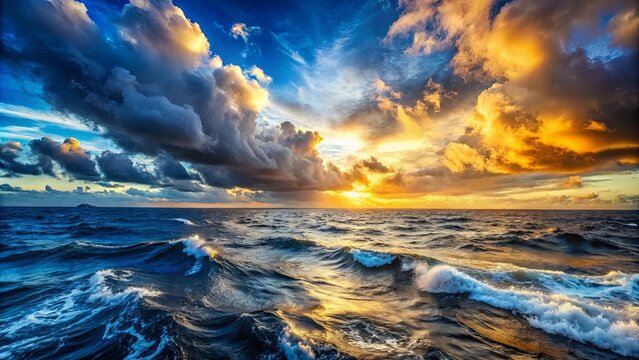 A dramatic ocean sunset with a vibrant sky, golden hues reflecting on the rolling waves, and dark storm clouds gathering on the horizon