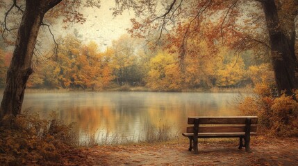 Fototapeta premium Autumn Lake with Bench and Foggy Trees