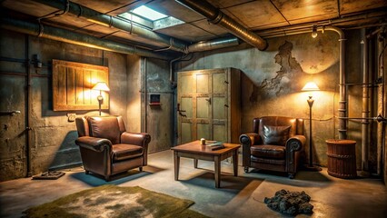 A dimly lit room with exposed pipes and weathered walls, featuring a pair of leather chairs, a coffee table with a book, a floor lamp, and a wooden box resting against a wall.