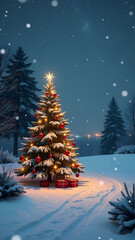 Obraz premium Christmas tree with gift boxes and red balls in the forest