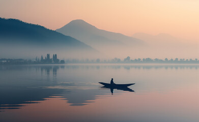 A tranquil scene of a man in a small boat on Dal Lake, surrounded by misty mountains at dawn in winter, creates a serene and dreamlike atmosphere