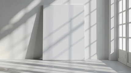 Vertical blank canvas mockup against white wall illuminated by soft sunlight shadows. Gallery border template advertising image. Exhibition artwork mock up product photorealistic