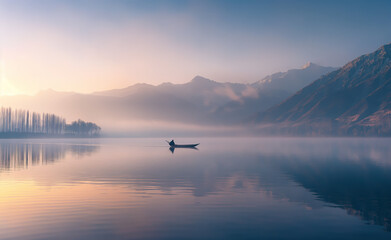 A tranquil scene of a man in a small boat on Dal Lake, surrounded by misty mountains at dawn in winter, creates a serene and dreamlike atmosphere