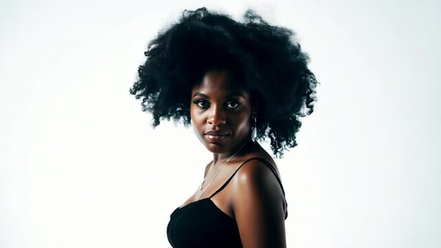 Beautiful woman with voluminous natural afro hair poses against white isolated background. Black top, confidence, elegance. Pretty african american girl portrait, look camera. Attractive studio model.