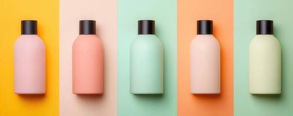 Skincare and beauty products in pastel packaging, arranged in a grid pattern with soft, complementary lighting for a soothing aesthetic, 3D illustration