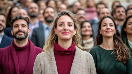 Obraz premium A diverse group of people with smiling faces, standing together in a supportive atmosphere, showcasing unity and positivity.