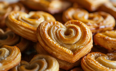 Fototapeta premium Top View of Heart-Shaped Palmier Pastries with Golden Crust and Creamy Filling