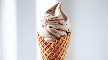Creamy almond-flavored ice cream in a crunchy waffle cone, garnished with almond slices, set against a clean and bright background, ideal for food advertising, dessert imagery, and menus. 