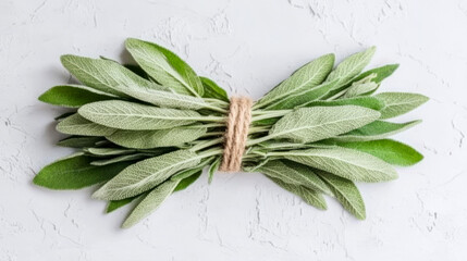 A bundle of fresh sage leaves with soft, velvety texture, laid out on a white background